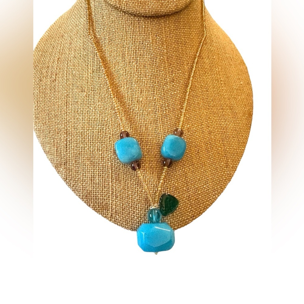 Seed Beaded Necklace with Stones and Glass Leaf with Lobster Claw Clasp